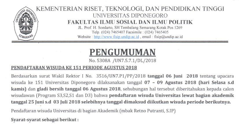 Pendaftaran Wisuda ke 151 Periode Agustus 2018